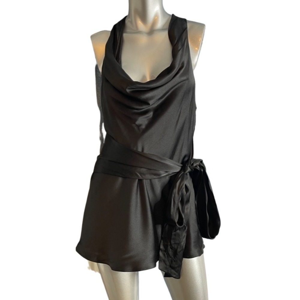Aidan Mattox 100% Silk Black Cowl Neck Sleeveless/Attached Belt Size L Blouse